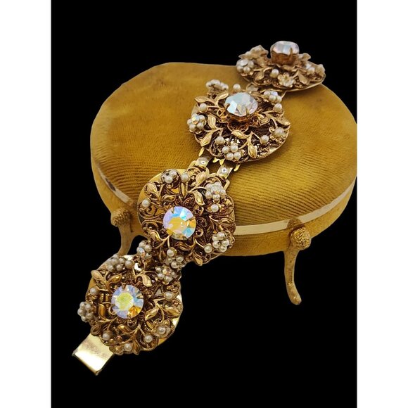 Elaborate Vintage Pearl and Rhinestone Filigree Bracelet (A4880) - Picture 3 of 7